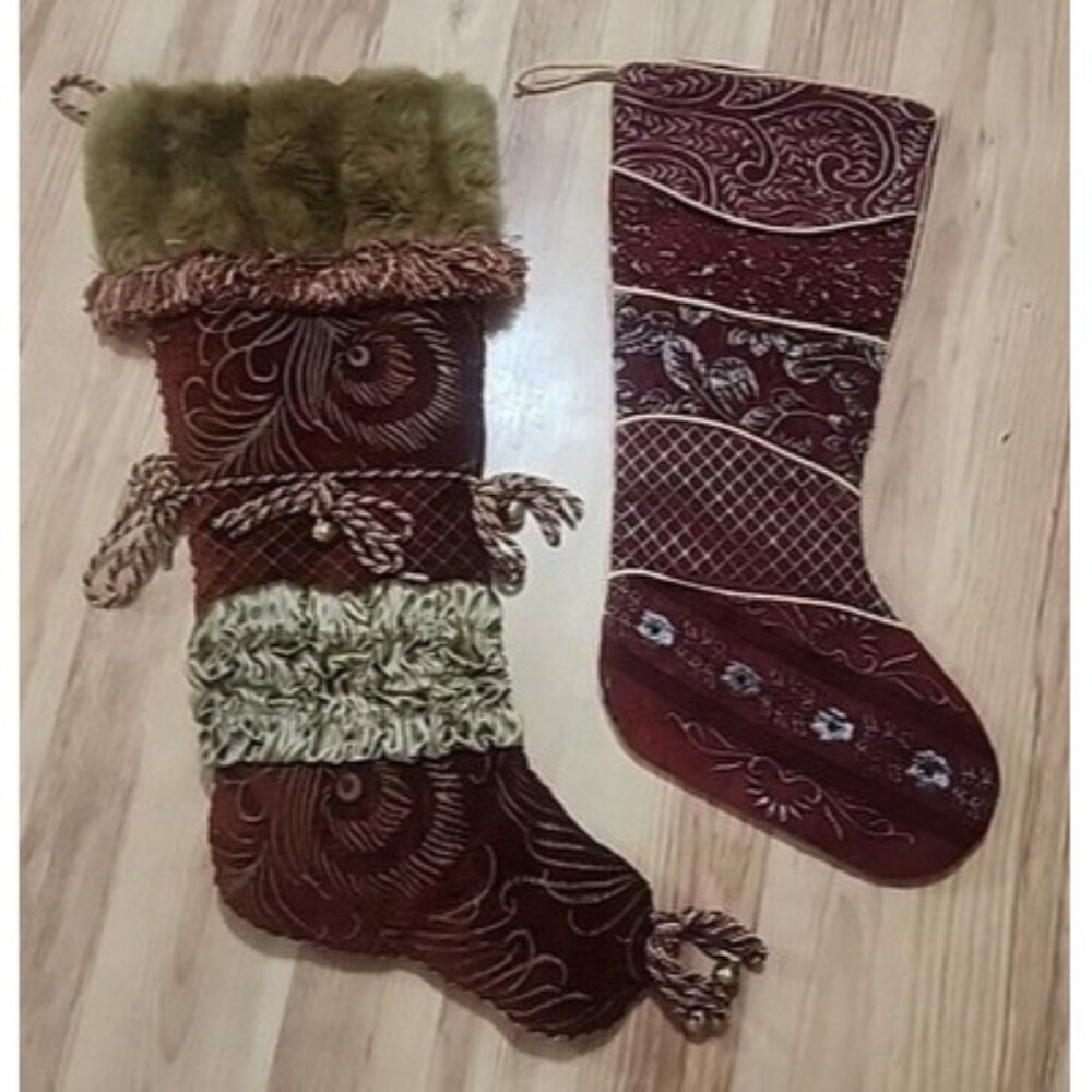 Serendipity Vtg Christmas Stocking Large Victorian Gold Burgundy Velvet Tapestry